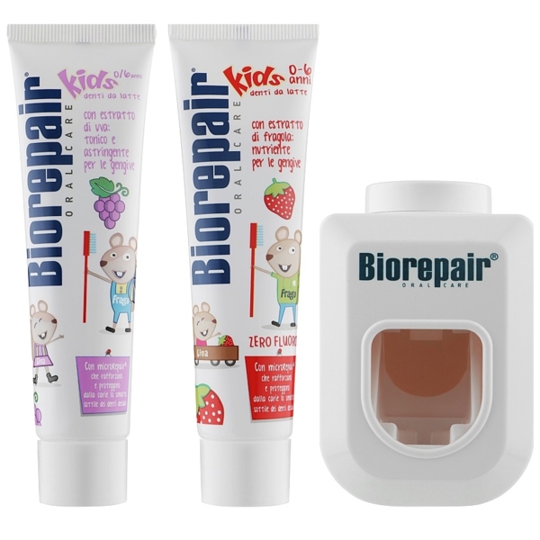 Набор Biorepair Веселый мышонок диспенсер и зубная паста, земляника, виноград, 2 шт., 100 мл - Pampik
