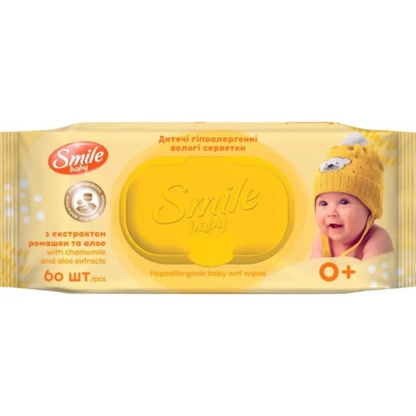 Вологі серветки Smile baby з екстрактом ромашки та алое, 60 шт. - Pampik