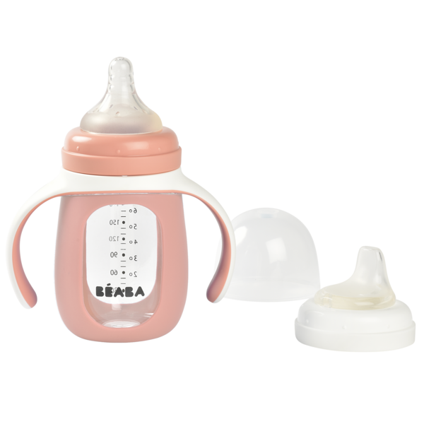 Поильник стеклянный Beaba 2 в 1, 210 мл, розовый (913520) - Pampik