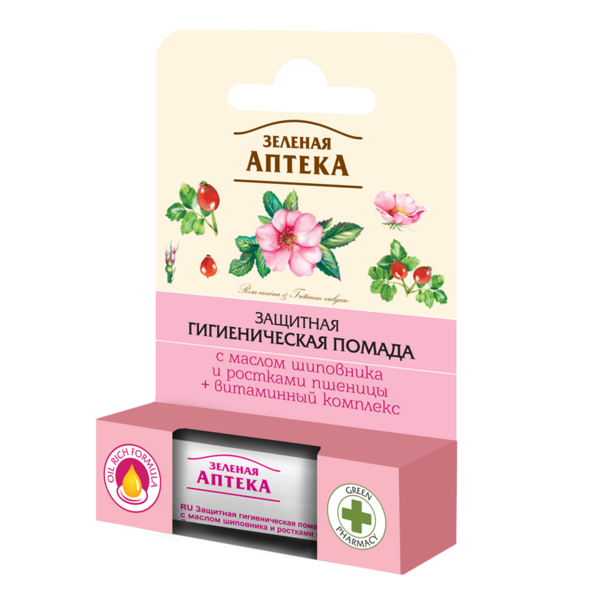 Захисна гігієнічна помада Зелена Аптека з маслом шипшини та паростками пшениці, 3,6 г - Pampik