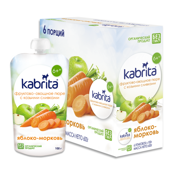Пюре Kabrita Pouch Яблочное пюре с морковкой и козьими сливками, 600 г (6 упаковок по 100 г) - Pampik