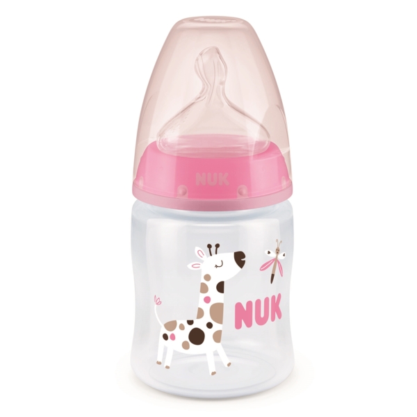 Пляшечка для годування NUK First Choice Plus Жираф, з силіконовою соскою, 150 мл, рожевий (3952399) - Pampik