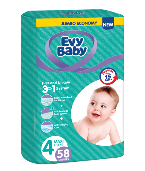 Підгузки Evy Baby 4 (7-18 кг), 58 шт. - Pampik