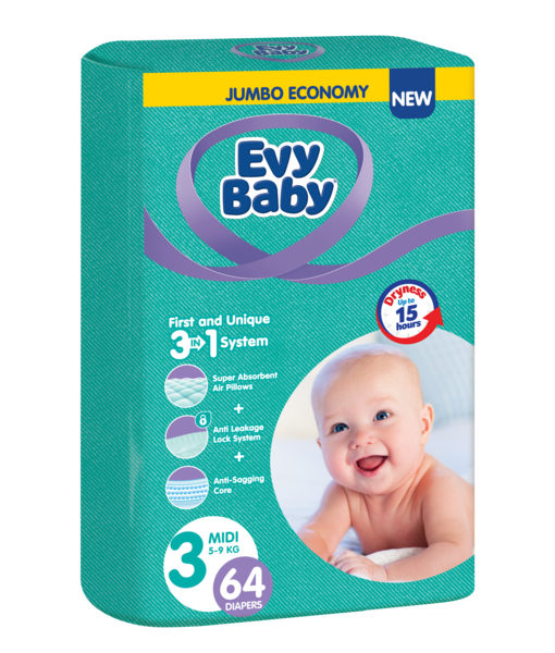 Підгузки на липучках Evy Baby 3 (5-9 кг), 64 шт. - Pampik