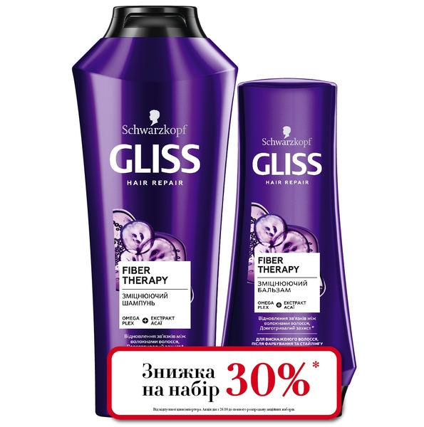 Набір Gliss Fiber Therapy: Шампунь, 400 мл + Бальзам, 200 мл, для виснаженого після фарбування волосся - Pampik