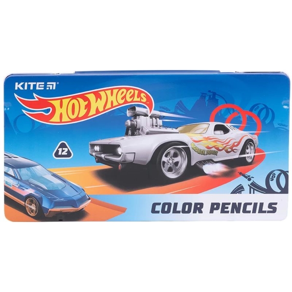Карандаши цветные Kite Hot Wheels трехгранные металлический пенал 12 шт. (HW21-058) - Pampik