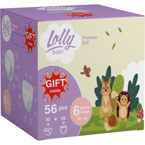 Набір Lolly Premium Soft 6 (15 кг): підгузки на липучках 30 шт. + підгузки-трусики 26 шт. + вологі серветки 80 шт. у подарунок - Pampik