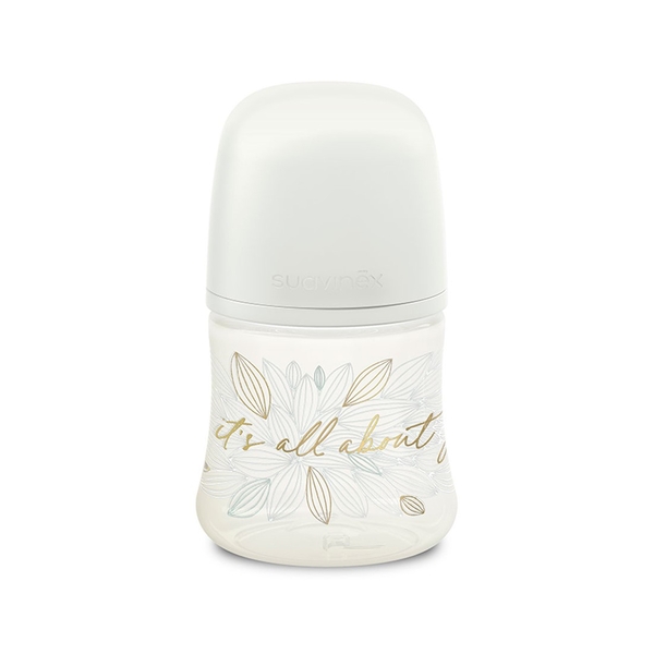 Пляшечка для годування Suavinex Gold Edition, фізіологічна соска, повільний потік, 150 мл, біла (307870) - Pampik