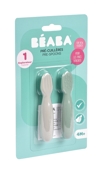 Набор силиконовых ложек Beaba BLW, 4+, 2 шт., зеленый с серым (913578) - Pampik - 4