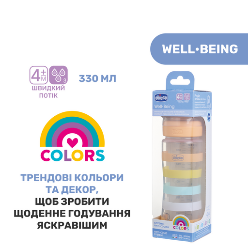 Пляшечка для годування Chicco Well-Being Colors, з силіконовою соскою 4м+, 330 мл, помаранчева (28637.31) - Pampik - 7