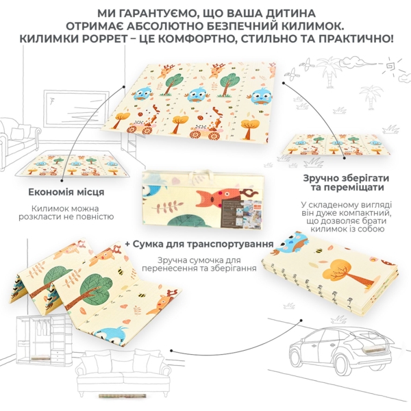 Дитячий килимок Poppet Крутезні канікули та Чудесні звірята двосторонній складний 150х180x1 см (PP022-150) - Pampik - 6
