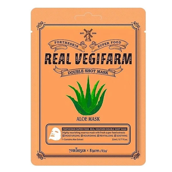Тканевая маска для лица Fortheskin Super Food Real Vegifarm Double Shot Mask Aloe, 23 мл - Pampik