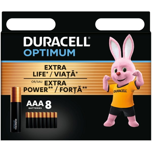 Лужні батарейки мізинчикові Duracell Optimum 1.5 V, AAA, LR6, 8 шт. (5000394158962) - Pampik