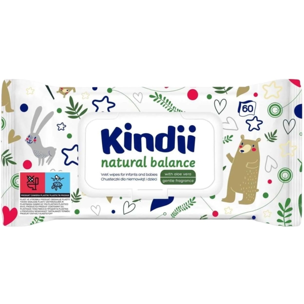 Вологі серветки Kindii Natural Balance, 60 шт. - Pampik