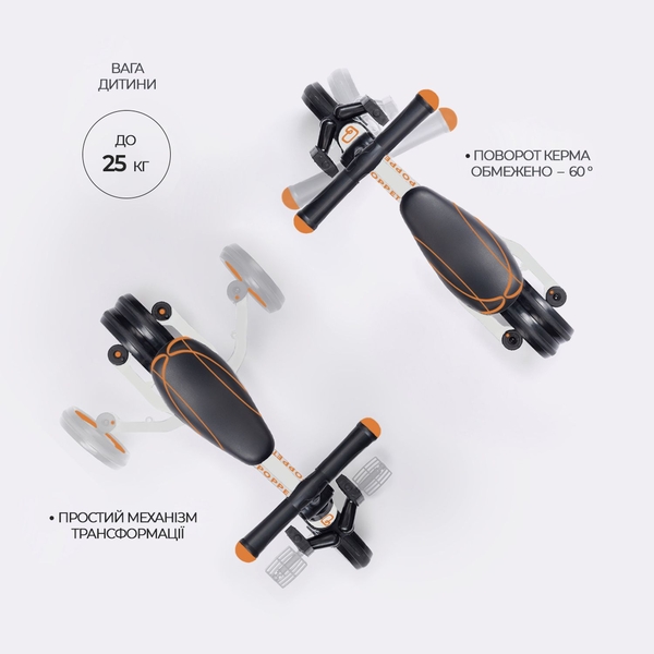 Дитячий триколісний біговел-трансформер Poppet 3в1, біло-помаранчевий + стікерпак (PP-1704W) - Pampik - 2