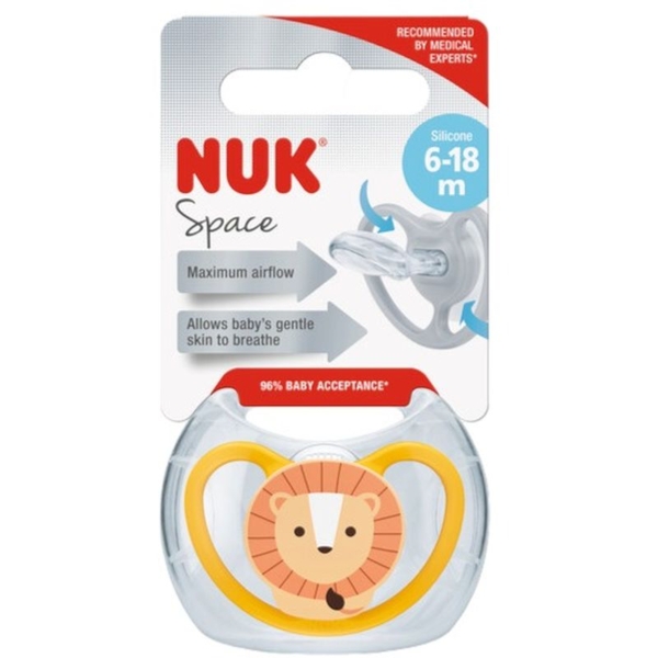 Пустышка ортодонтическая Nuk Space Лев, 6-18 мес., силиконовая (3952610) - Pampik