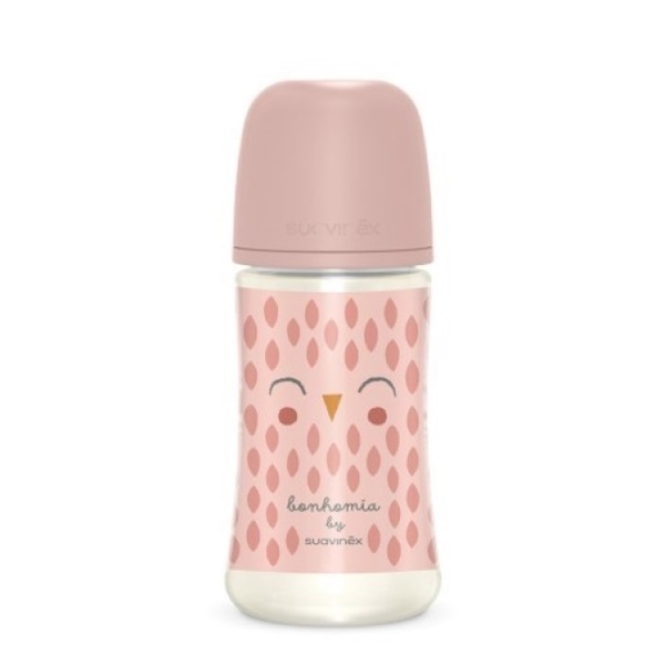 Пляшечка для годування Suavinex Bonhomia, фізіологічна соска, середній потік, 270 мл, рожева (307834) - Pampik