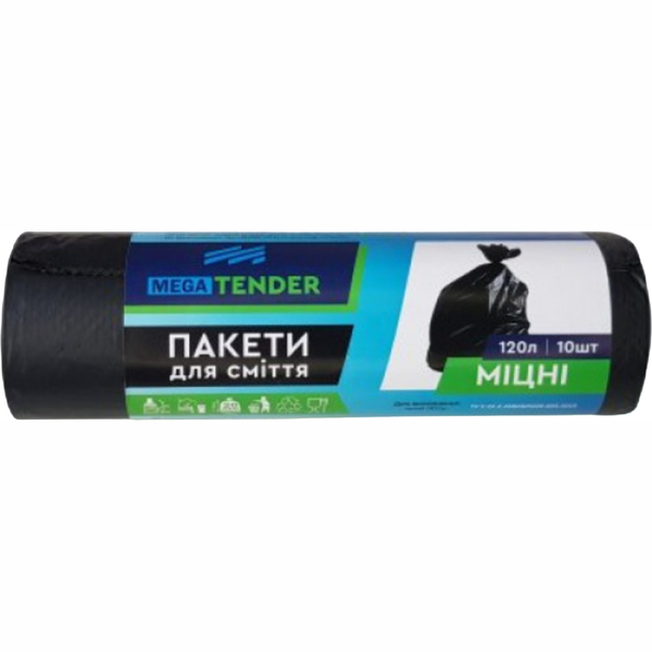 Мешки для мусора Mega Tender, крепкие, 120 л, 10 шт. - Pampik