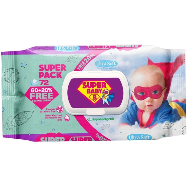Влажные салфетки Super Baby SuperPack, ромашка и алоэ, 72 шт. - Pampik