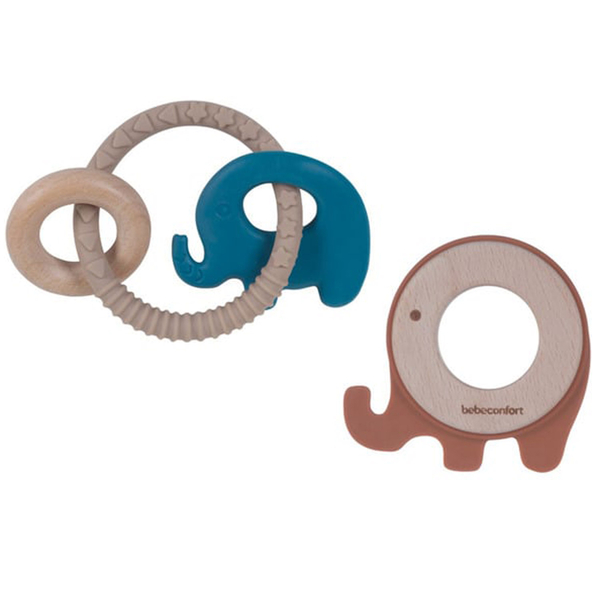 Прорезыватель для зубов Bebe Confort Teething Rings Wood & Silicone, 2 шт., бежевый с синим (3107205300) - Pampik