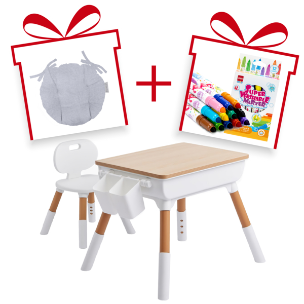 Комплект Poppet Столик Мультивуд 3 в 1 + Стілець + Подушка на стілець + Набір фломастерів (PP-010-G) - Pampik