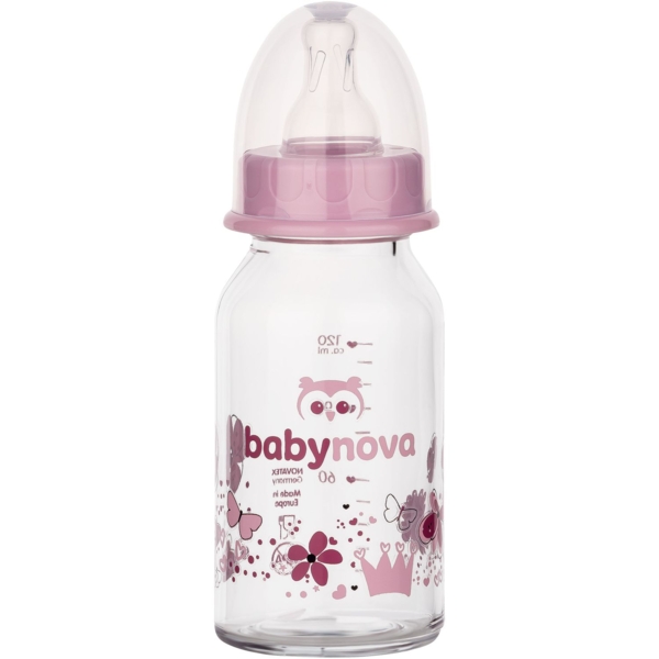 Пляшечка Baby-Nova Декор, скляна, 120 мл, рожевий (3960333) - Pampik
