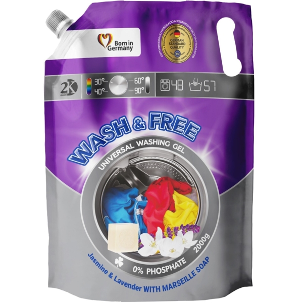 Гель для стирки универсальный Wash&Free, жасмин и лаванда с марсельским мылом, 2 л - Pampik