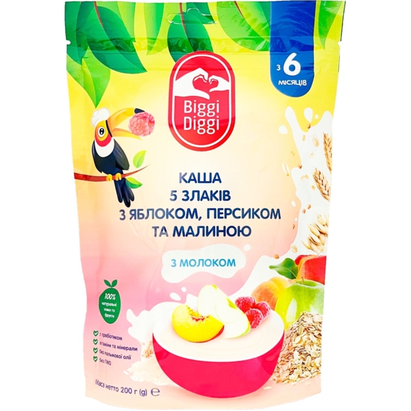 Молочна каша Biggi Diggi 5 злаків з яблуком, персиком та малиною, 200 г - Pampik