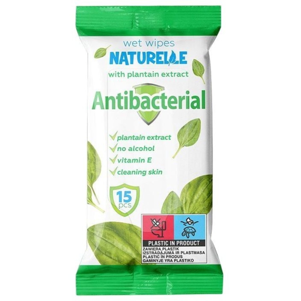 Вологі серветки Naturelle antibacterial, подорожник, 15 шт. - Pampik