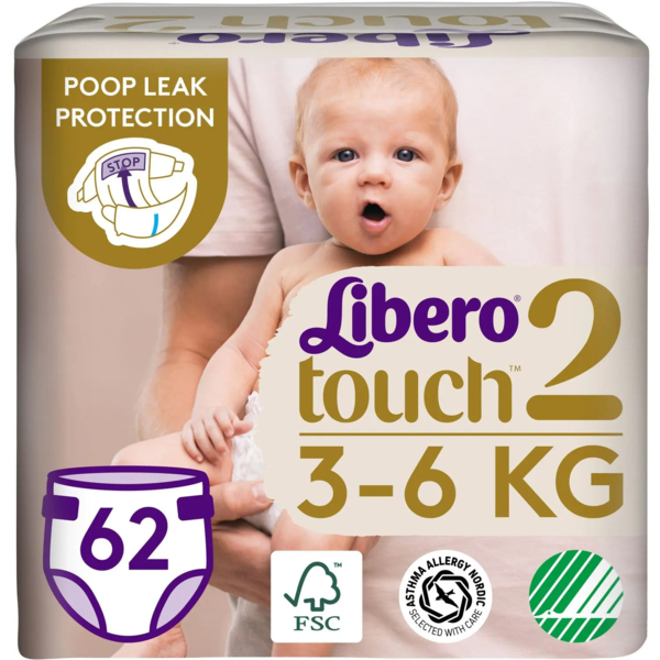 Подгузники на липучках Libero Touch 2 (3-6 кг), 62 шт. - Pampik