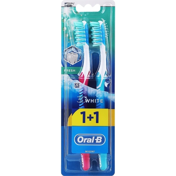 Зубна щітка Oral-B 3D White Fresh середньої твердості, бірюзовий з червоним, 2 шт. - Pampik