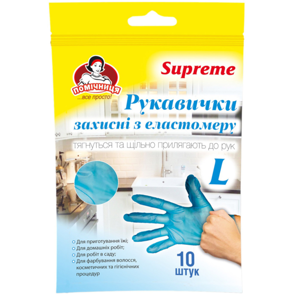 Перчатки хозяйственные Помічниця Supreme, размер L, 10 шт., синий - Pampik