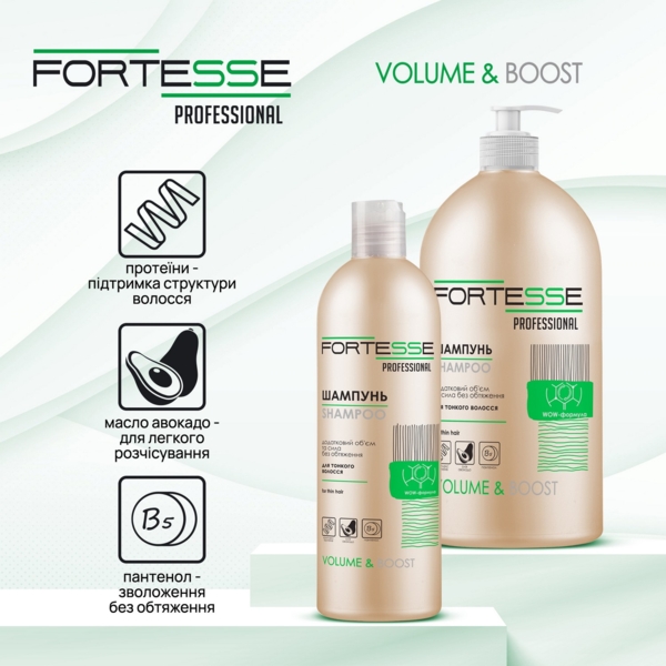 Шампунь Fortesse Professional Volume & Boost Об'єм, для тонкого волосся, з дозатором, 1 л - Pampik - 3