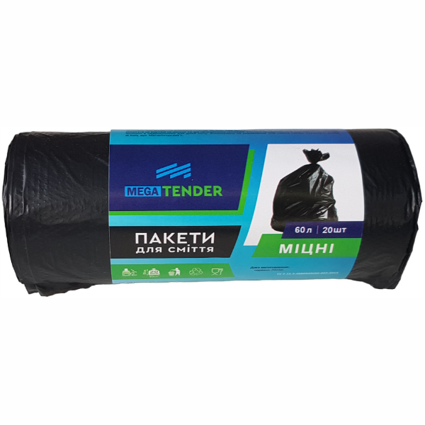 Мешки для мусора Mega Tender, крепкие, 60 л, 20 шт. - Pampik