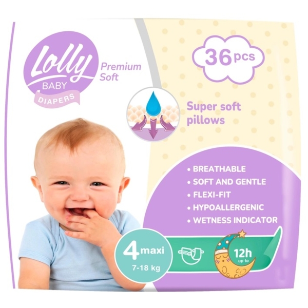 Підгузки на липучках Lolly Premium Soft 4 (7-18 кг), 36 шт. - Pampik