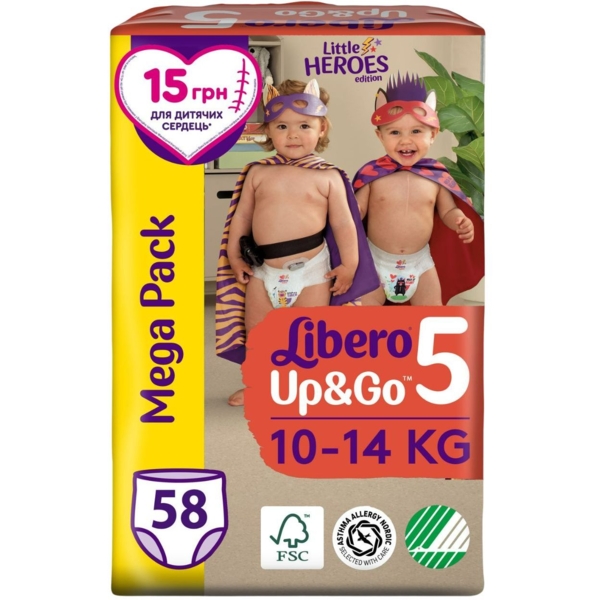 Підгузки трусики Libero Up&Go Little Heroes 5 (10-14 кг), 58 шт. - Pampik