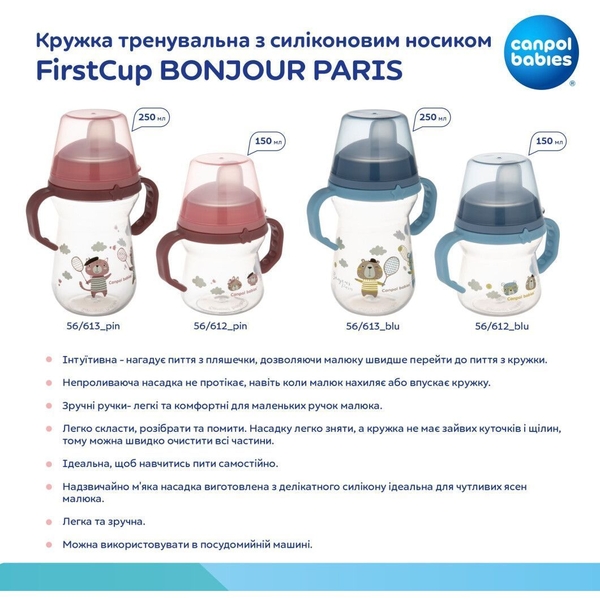 Кружка тренувальна Canpol babies First Cup Bonjour Paris, 250 мл, рожевий (56/613_pin) - Pampik - 12