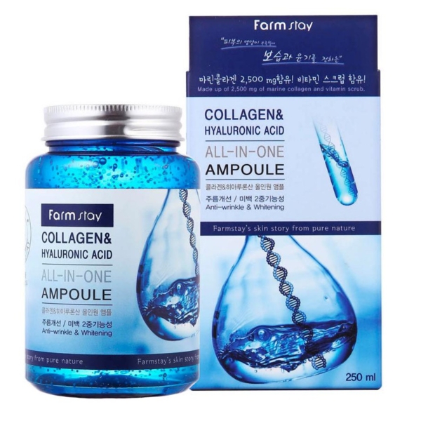 Сироватка для обличчя FarmStay Collagen&Hyaluronic Acid All-In-One Ampoule з колагеном та гіалуроновою кислотою, 250 мл - Pampik