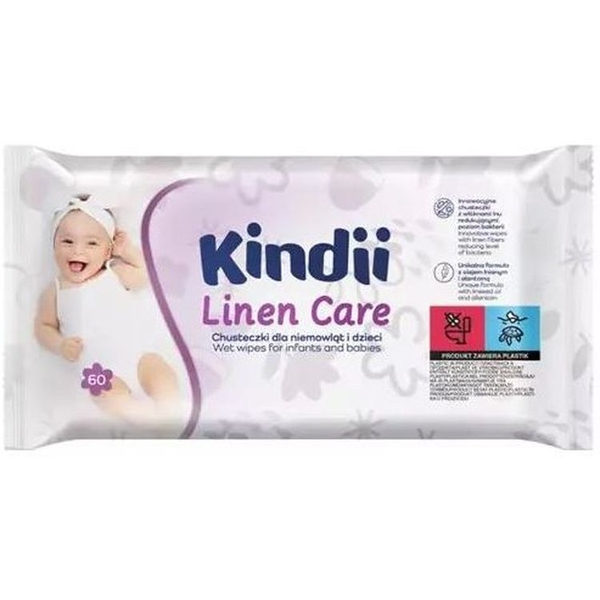 Вологі серветки Kindii Linen Care для немовлят, 60 шт. - Pampik