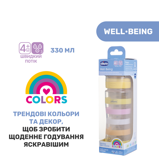 Пляшечка для годування Chicco Well-Being Colors, з силіконовою соскою 4м+, 330 мл, жовта (28637.11) - Pampik - 8