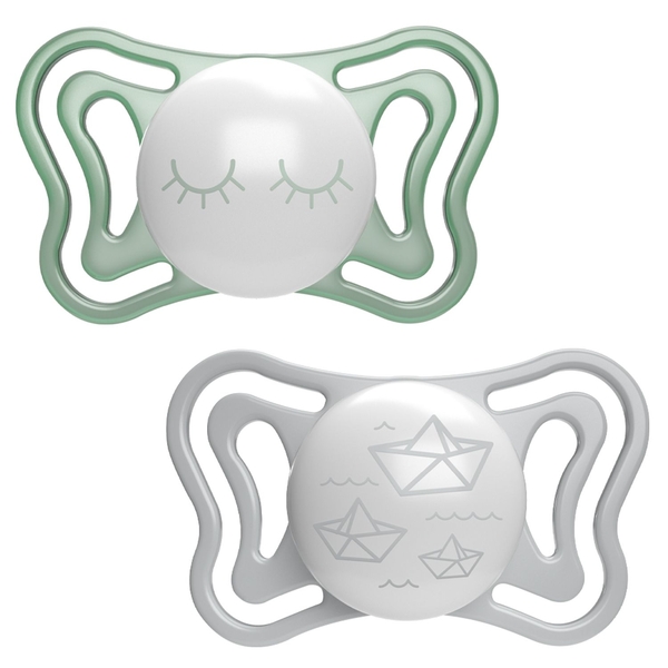 Пустушка силіконова Chicco Physio Light, 16-36 міс., з футляром, люмінесцентна, 2 шт. (71039.41) - Pampik