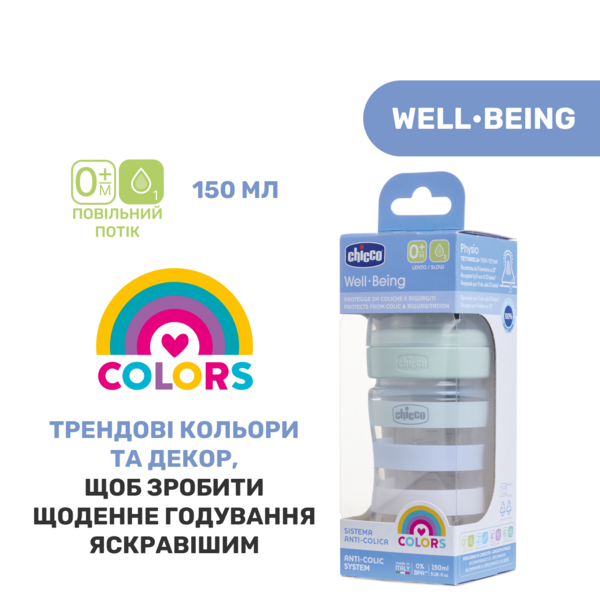 Бутылочка для кормления Chicco Well-Being Colors, с силиконовой соской 0м+, 150 мл, мятный (28611.21) - Pampik - 8