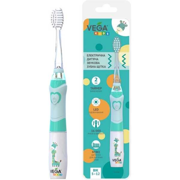 Электрическая детская звуковая зубная щетка Vega Kids VK-400B Light-Up, голубая - Pampik - 3