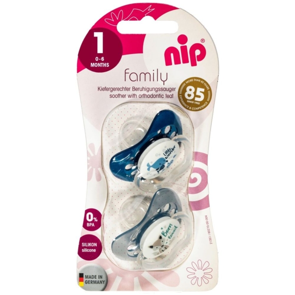 Пустушка Nip Моя семья №1, Х , 0-6 мес., силикон, кит и волк, 2 шт. (38671-51) - Pampik - 2