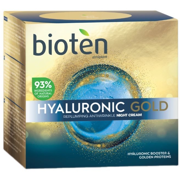 Нічний крем для обличчя Bioten Hyaluronic Gold Replumping Antiwrinkle Night Cream проти зморшок 50 мл - Pampik