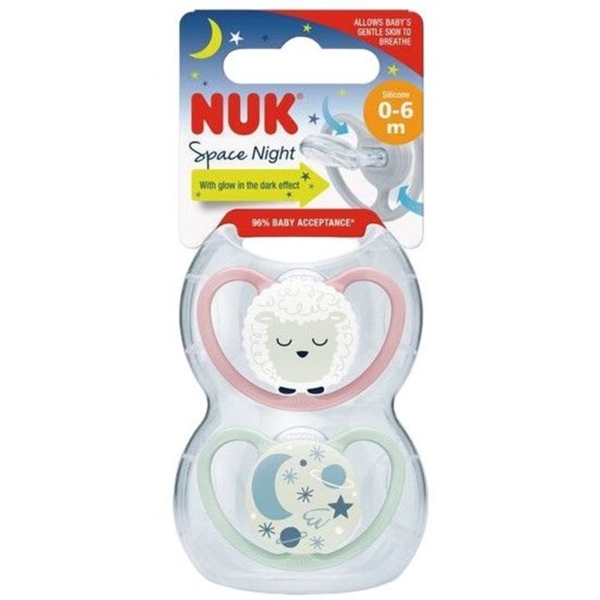 Пустышка ортодонтическая Nuk Space Night 0-6 мес., Овца/Звездное небо, 2 шт. (3952639) - Pampik