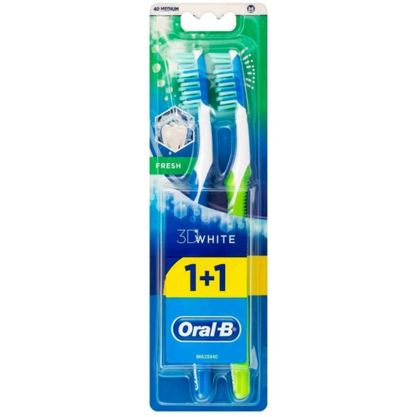 Зубна щітка Oral-B 3D White Fresh, середньої жорсткості, салатовий із синім, 2 шт. - Pampik
