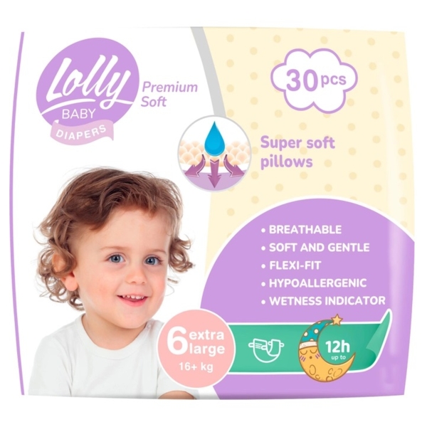 Підгузки на липучках Lolly Premium Soft 6 (16 кг), 30 шт. - Pampik