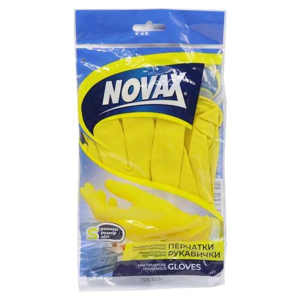 Рукавички господарські Novax латексні, з бавовняним напиленням, S, 1 пара, жовті - Pampik