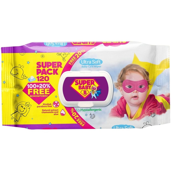 Влажные салфетки Super Baby SuperPack Sensetive, ромашка и алоэ, 120 шт. - Pampik